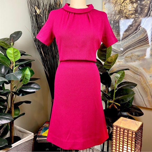 Vintage Dresses & Skirts - VINTAGE Raspberry Pink Virgin Wool Mohair 60s Jackie O Midi Dress Mad Men Medium